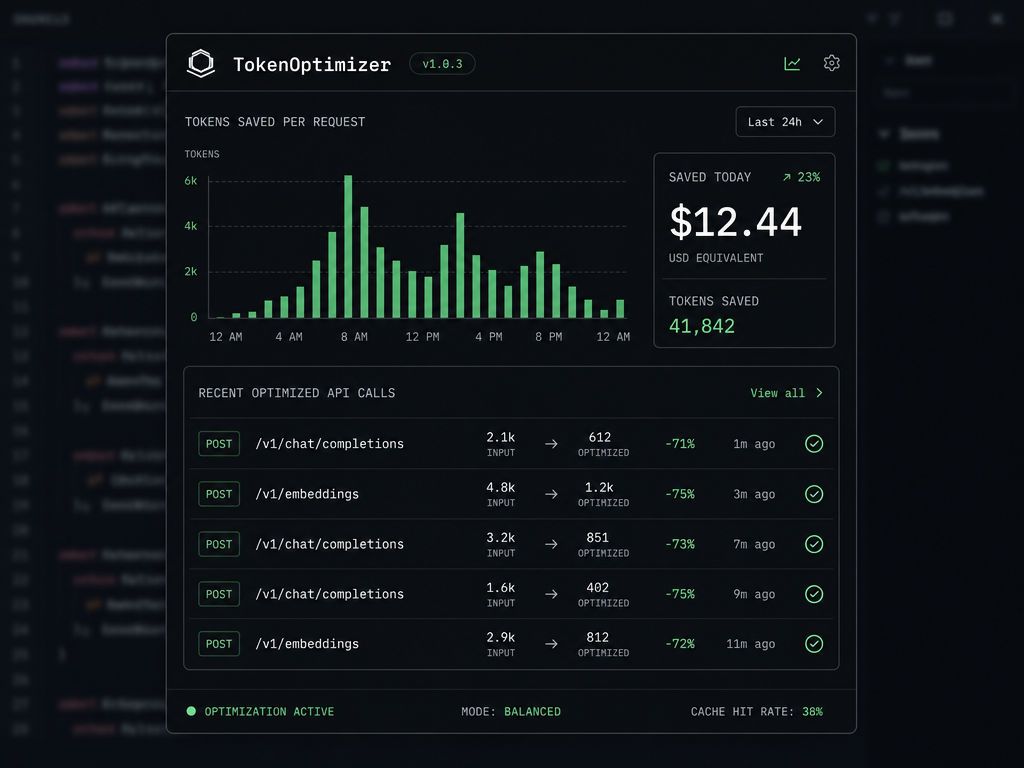 Litos browser extension popup showing token usage savings, a bar chart, and recent optimized API calls